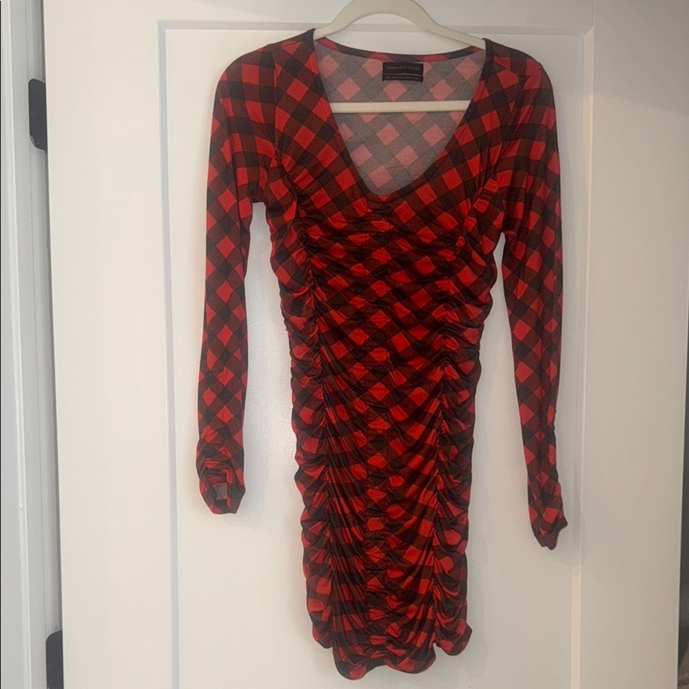 Urban Outfitters Red and Black Checkered Ruched Dress